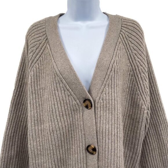 H&M Rib Knit Wool Button Front Loose Oversized Fit Cardigan Sweater Top Taupe - Picture 5 of 8